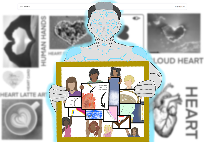 robot drawing holding up generated artwork